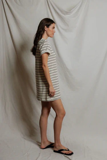 Perfect White Tee Nella loop terry short sleeve stripe dress in natural/chocolate